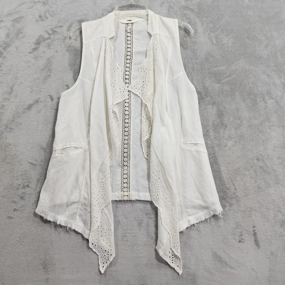 Free People Vest Womens S White Linen Cotton Lace Eyelet Distressed Open Front